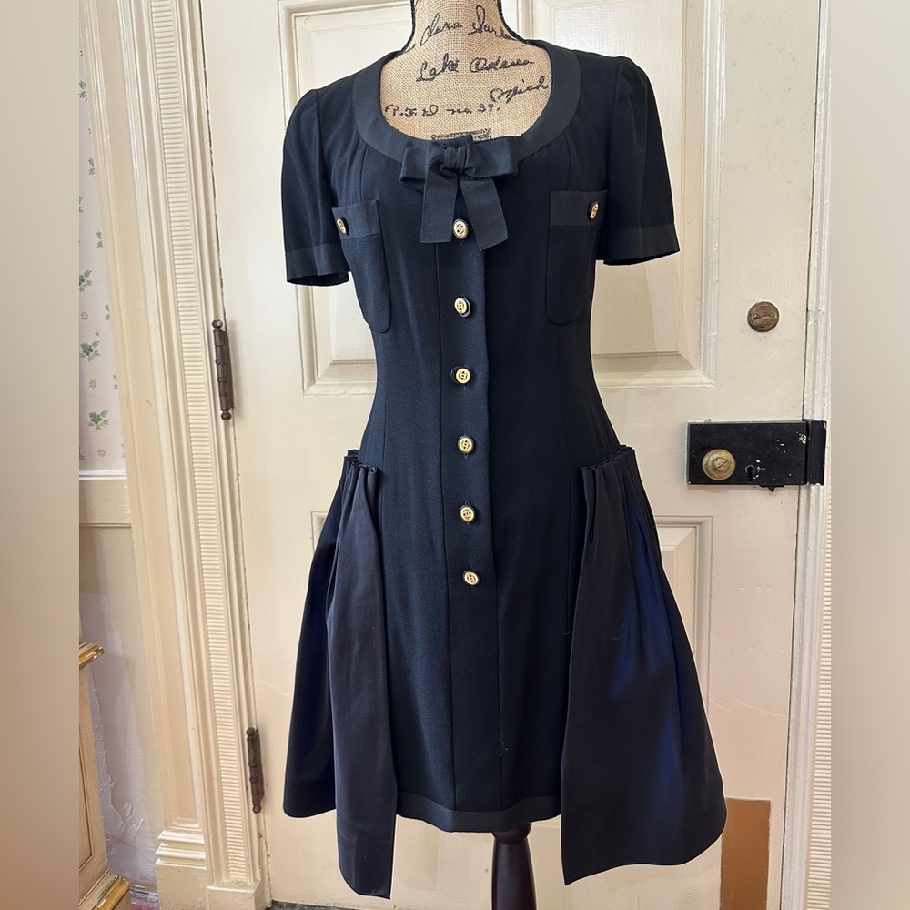 CHANEL Black Peter Pan Collar w hold c buttons Mini Dress pre 1998 circa 1993